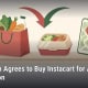 Illustration of a grocery bag, a takeout container and a phone with a delivery map pin under two merging arrows